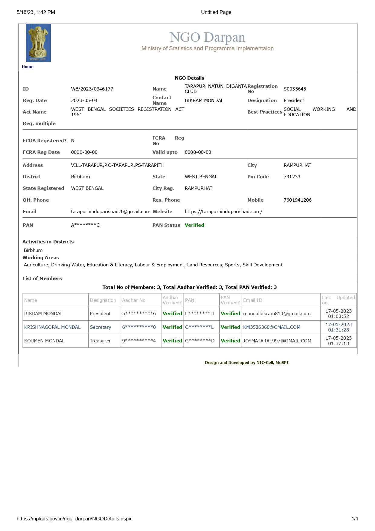 NGO Darpan registration certificate